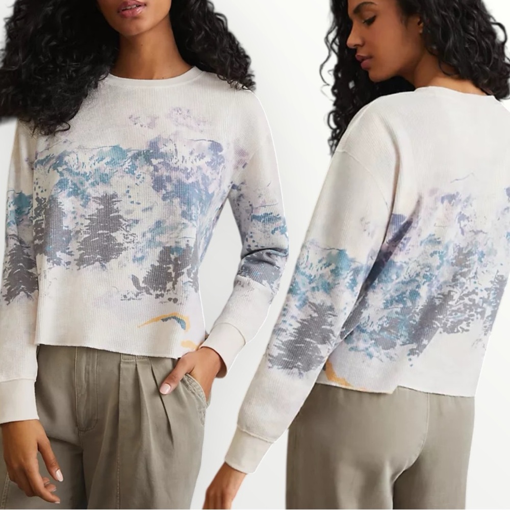 Anthropologie Snow Day Mountain Scenic Waffle Knit Top XS